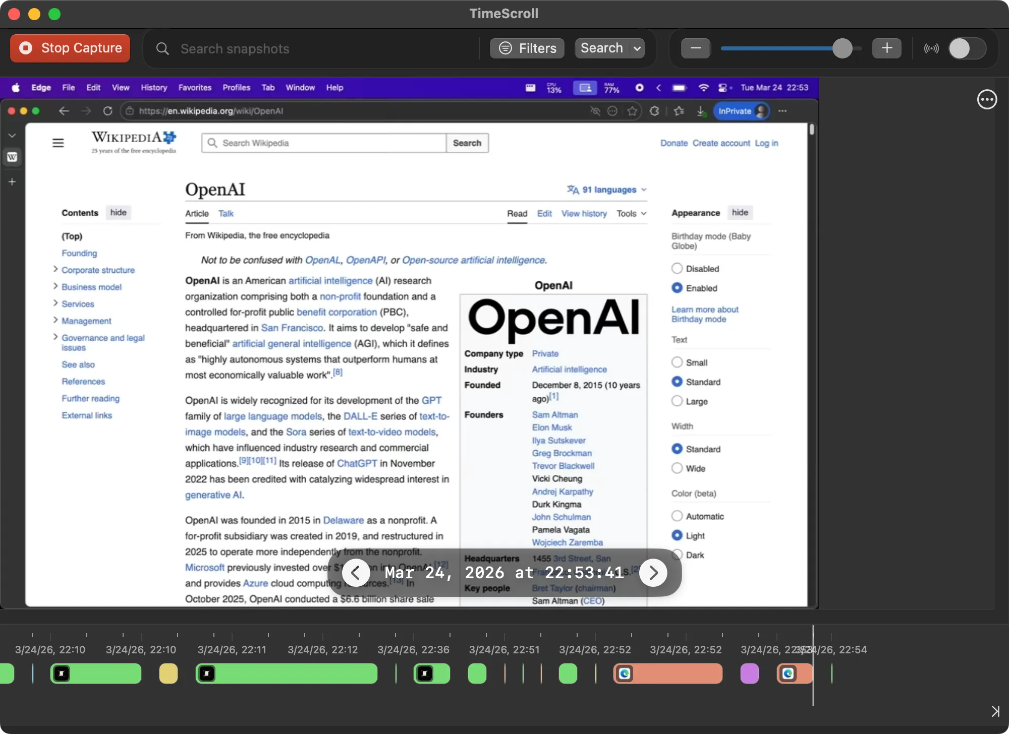TimeScroll showing a Wikipedia page captured earlier, with the app timeline along the bottom